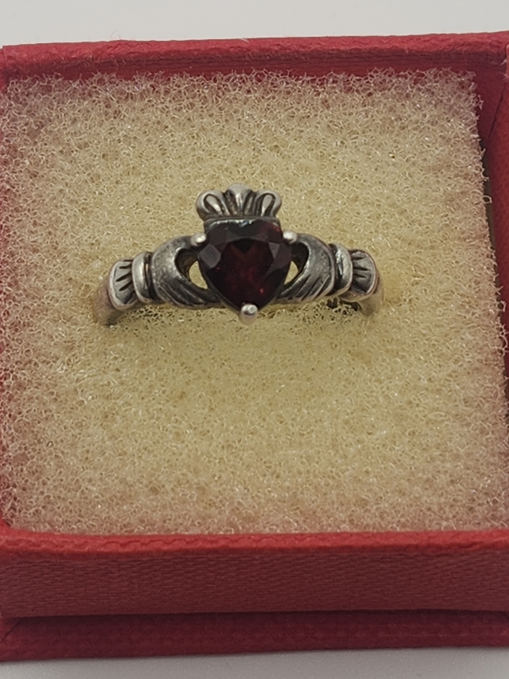 Sterling Silver Heart Claddagh Ring with Deep Red Stone